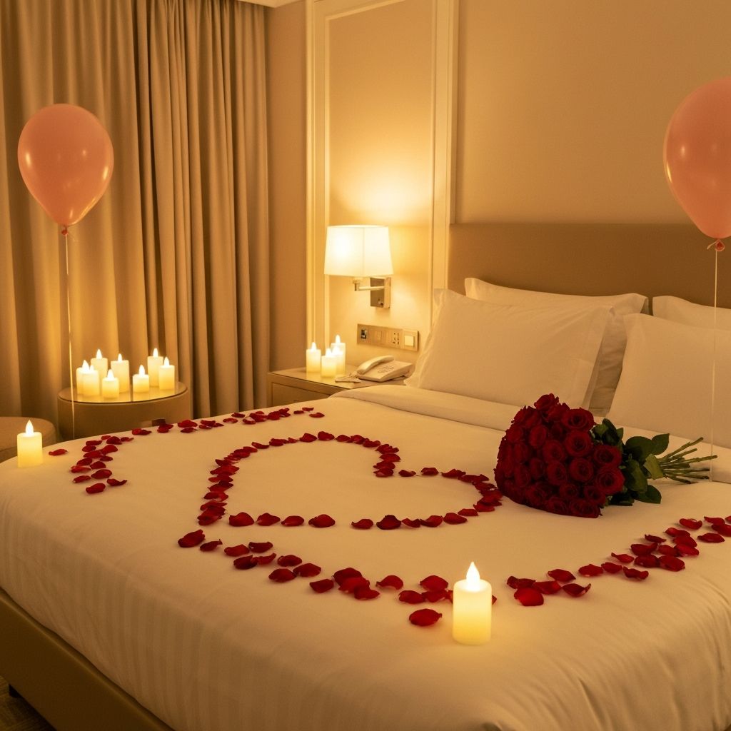Full bedroom romantic setup with rose petals and balloons